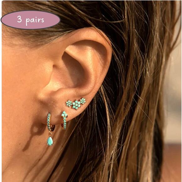 925 Sterling Silver Gold Turquoise Flower Earring Hoop Earrings 3 pairs - Picture 2 of 4